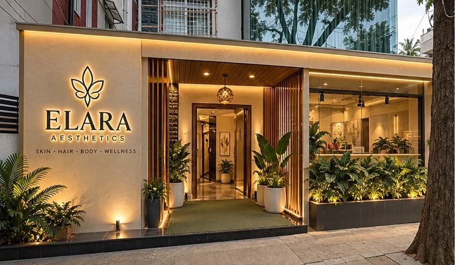 The Elara Aesthetics entrance on 80 Feet Road, R.M.V. 2nd Stage